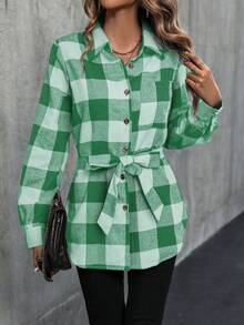 SHEIN LUNE Camisa A Cuadros Impresa Al Azar Con Cinturón - Verde - Ver 6