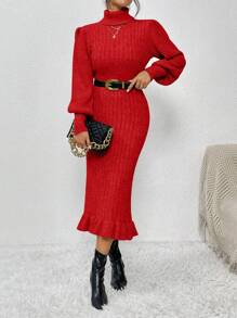 SHEIN Clasi Của phụ nữ Màu thuần Áo cao cổ Tay áo lồng đèn Đầm Áo len - Đỏ - Xem 5