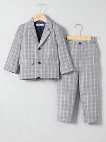 SHEIN 男童正式學院風格西裝,包括西裝外套和褲子 - 黑與白 - 查看 1