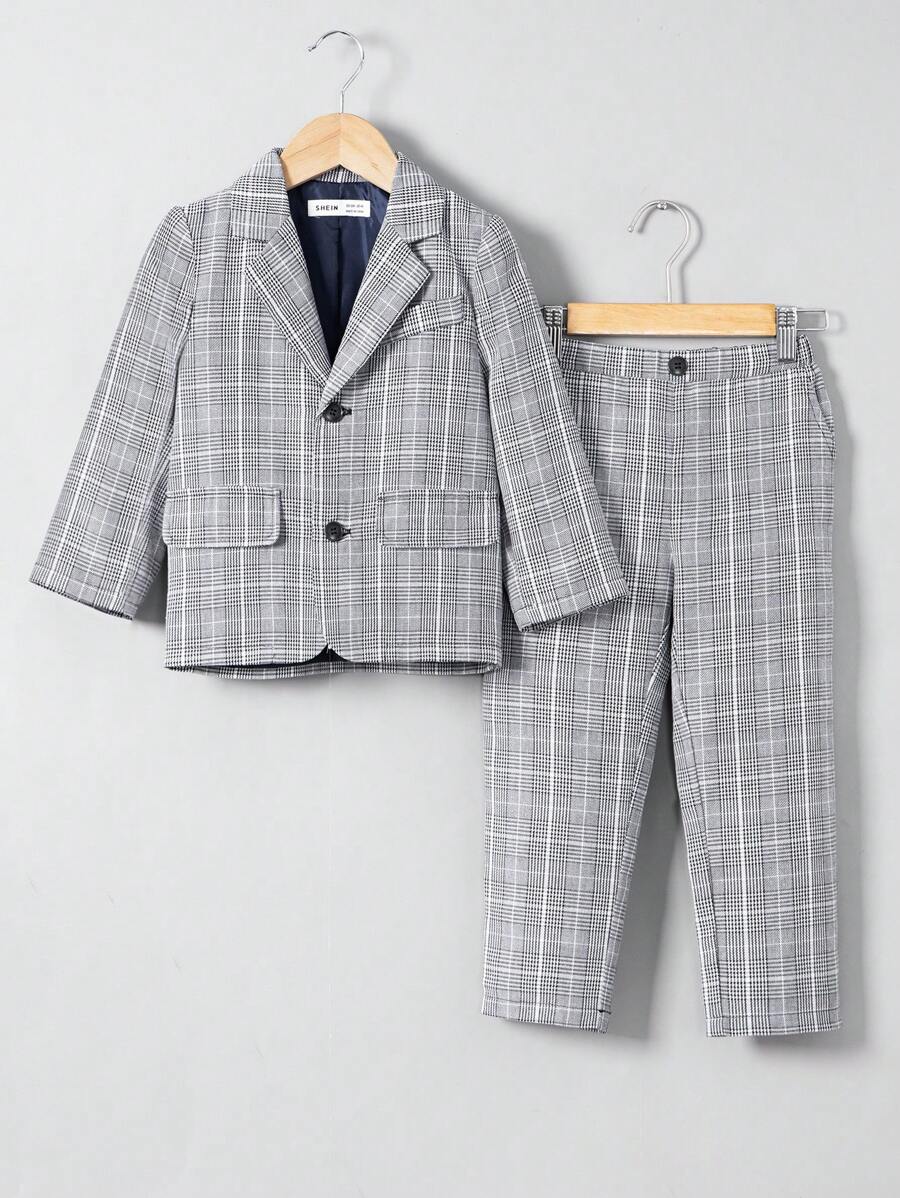 SHEIN 男童正式學院風格西裝,包括西裝外套和褲子 - 黑與白 - 查看 1