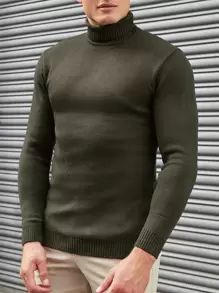 EURMUSE Suéter Simple De Cuello Alto De Color Sólido Para Hombre - Verde militar - Ver 4