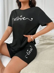 Conjunto de pijama shorts con camiseta con estampado de letra - Negro - Ver 3