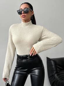 EURMUSE Ladies' Solid Textured Mock Neck Long Sleeve T-shirt - Beige - View 2