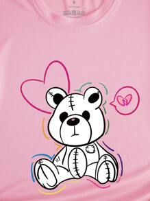 SHEIN Qutie 女卡通小熊印花短袖t卹 - 粉色 - 查看 5