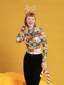 TOM & JERRY X SHEIN 女性高領卡通印花短款t恤 - 彩色 - 查看 6