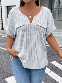 Nubod Plus Size Women's Ribbed Batwing Sleeve T-Shirt - Light Grey - View 4