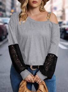Flirla Women's Plus Size Lace T-Shirt With Chain And Asymmetrical Shoulder Design - Grey - View 1