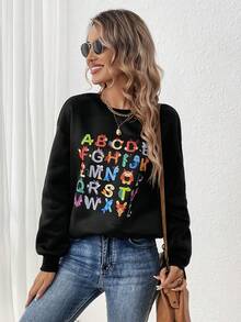 SHEIN LUNE Lỏng lẻo phù hợp Vòng cổ Áo nỉ Với In Khẩu hiệu Và Thả vai - màu đen - Xem 6