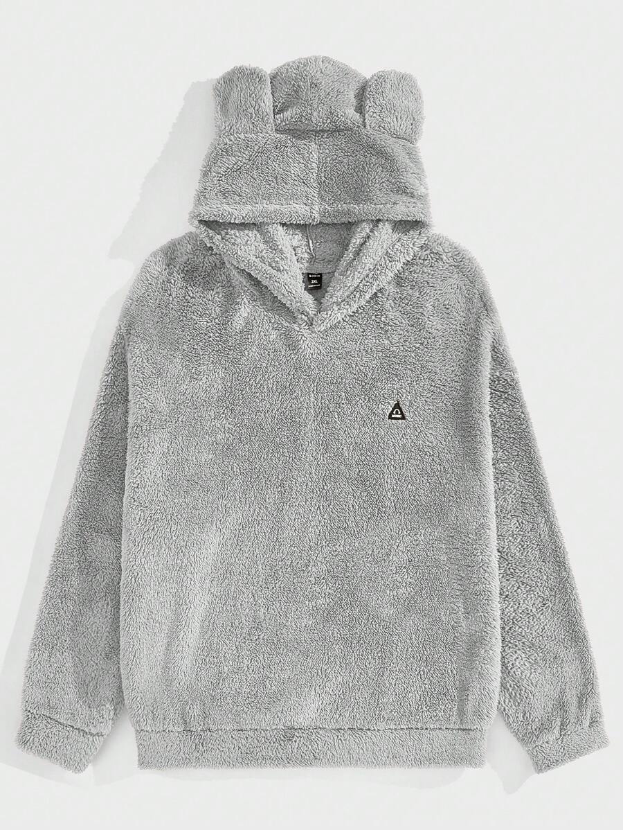 EASEVO Loose Fit Men's Plus Size Patched Hooded Sweatshirt - Grey - View 1