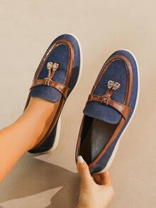 Women's Flat Bottom Flats With Low Vamp, Suitable For Fall And Winter, Work And Casual Wear, Leather Upper, Soft And Comfortable Bottom, Loafers In Large Size 41-43 - Blue - View 3