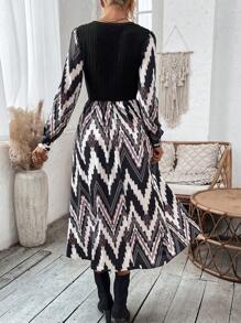 SHEIN Clasi Ladies' Long Sleeve Zigzag Pattern Dress - Multicolor - View 3