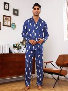 Men Cartoon Graphic PJ Set - Blue - View 5