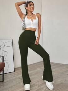 EURMUSE Solid Color Bell Bottom Pants - Green - View 3