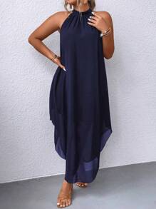 SHEIN Clasi Women's Plus Size Halter Neck Solid Color Dress Maxi Women Outfit