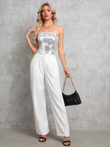 SHEIN Tall Sparkly Strapless Top - Silver - View 6