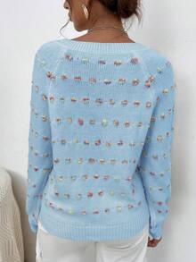 SHEIN Essnce 女士燈籠袖v領套頭毛衣 - 藍色 - 查看 2