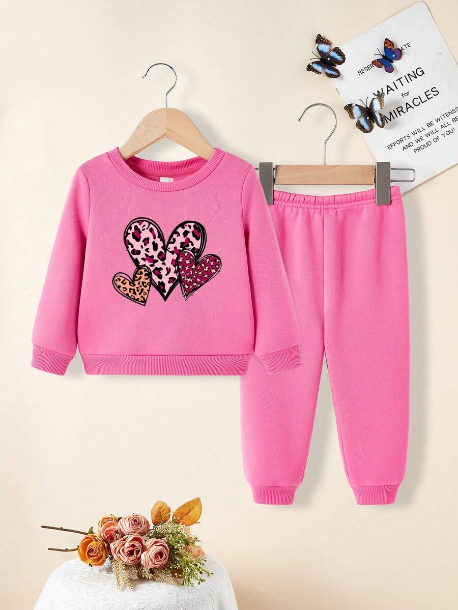 Baby Girls' Leopard Heart Printed Sweatshirt And Jogger Pants Set - Hot Pink - View 1