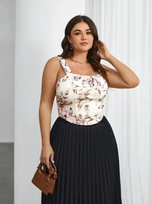 SHEIN Privé Của phụ nữ Kích thước lớn Thanh lịch Bản in lá Áo ba lỗ - Màu be - Xem 4