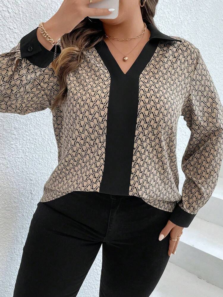 Plus Allover Print Contrast Trim Blouse