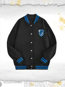 Harry Potter | ROMWE Chaqueta De Béisbol Con Número Impreso, Rayas, Con Hombreras Y Emblema Bordado - Negro - Ver 2
