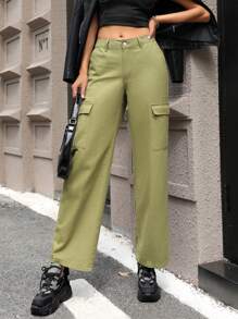 SHEIN EZwear Ladies' Flap Pocket Cargo Jeans - Army Green - View 3