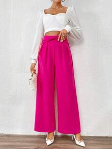 SHEIN Privé Twisted Knotted High Waist Wide Leg Pants - Hot Pink - View 6