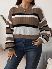 Flirla Kích thước lớn Ngắn Sọc Áo len Áo chui đầu - Màu Khaki - Xem 4