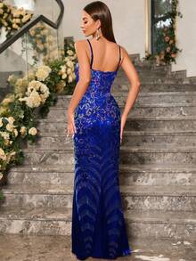 Đầm dự tiệc đính sequin hoa dây mảnh cho nữ - Xanh đậm - Xem 3