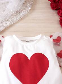 SHEIN 年輕女孩心型鑲嵌T恤配純色裙子和皮帶2件套裝 - 紅白色 - 查看 5