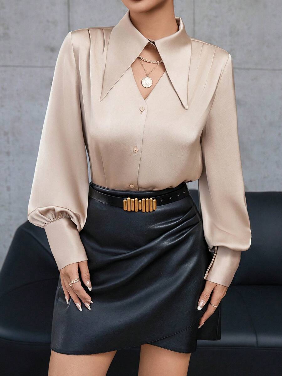 Aveloria Modichic Solid Color Long-Sleeved Shirt With Hollow Button Placket On The Front Elegant Business Casual Women  Fall Cloth For Women - Camel - View 1