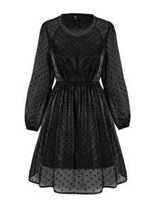 SHEIN Clasi 絨布圓點派對裙 - 黑色 - 查看 1