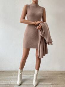 SHEIN Frenchy Của phụ nữ Đứng cổ áo Áo len Mở Và Đầm Áo len Bộ - màu nâu - Xem 6