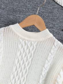 SHEIN Tween Girl Cable Knit Drop Shoulder Mesh Ruffle Trim Sweater & Knit Skirt - Beige - View 3