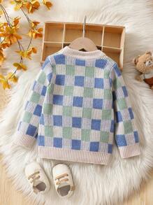 男童格紋圓領休閒毛衣 - 藍色 - 查看 2