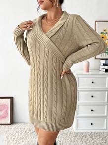 Celure Plus Size Women'S Cable Knitted Wrap Sweater Dress - Khaki - View 3