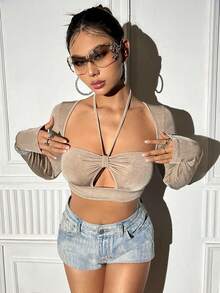 SHEIN Unity Hollow Out Halter Cropped T-shirt - Khaki - View 3