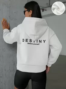 SHEIN PETITE Quý cô Áo nỉ có mũ Với In thư - trắng - Xem 1