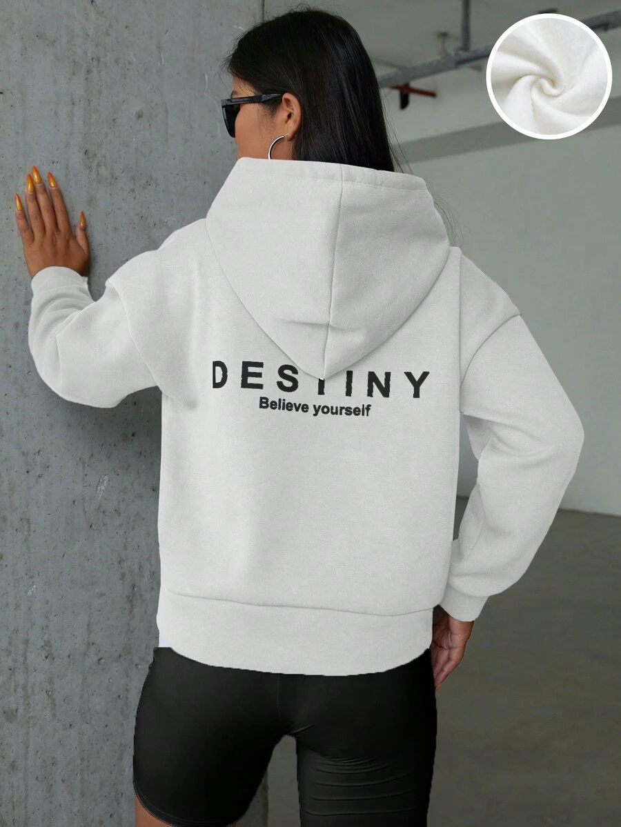 SHEIN PETITE Quý cô Áo nỉ có mũ Với In thư - trắng - Xem 1