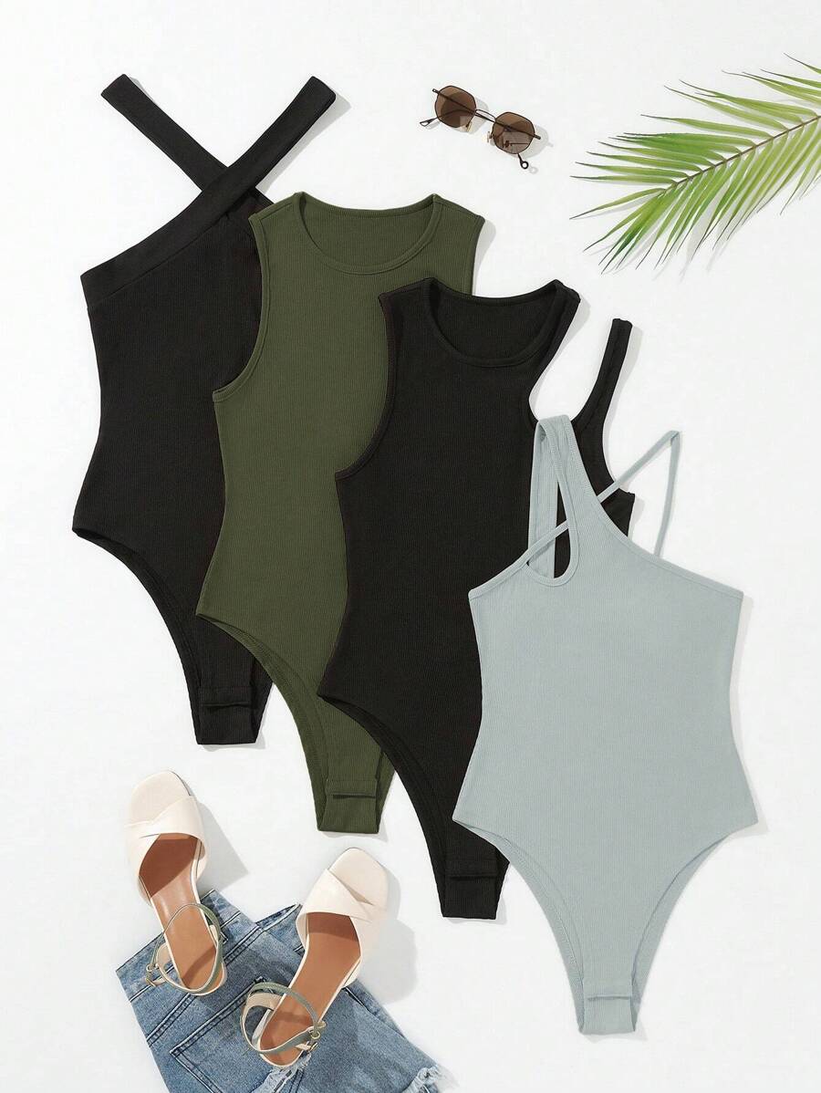 Chiquease 4pcs Solid Ribbed Knit Bodysuit - Multicolor - View 1