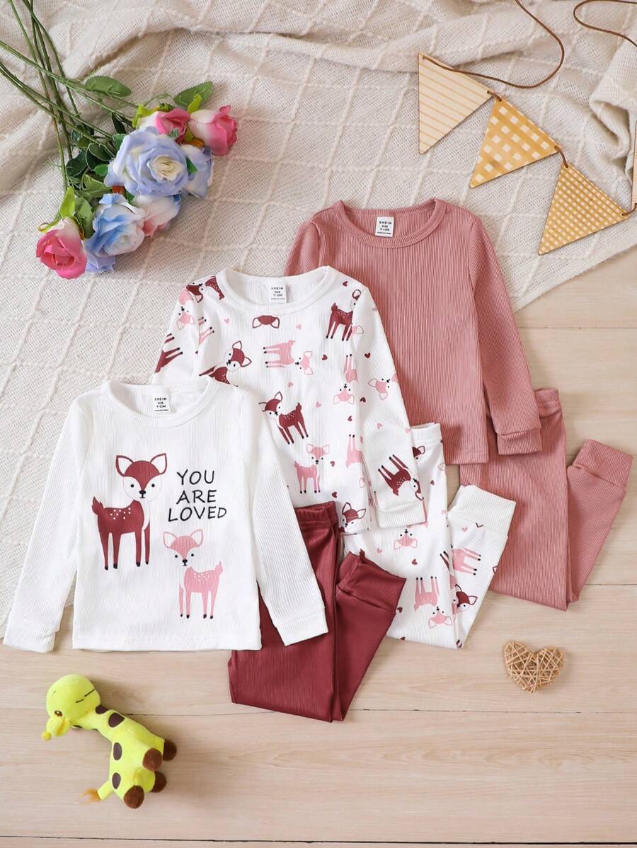 Baby Girls' Cartoon Deer Pattern Snug Fit Homewear Set - Pink - View 1