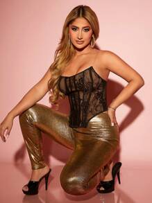 SHEIN SXY 女用塗層天鵝絨長款高腰保暖緊身褲 - 金色 - 查看 1
