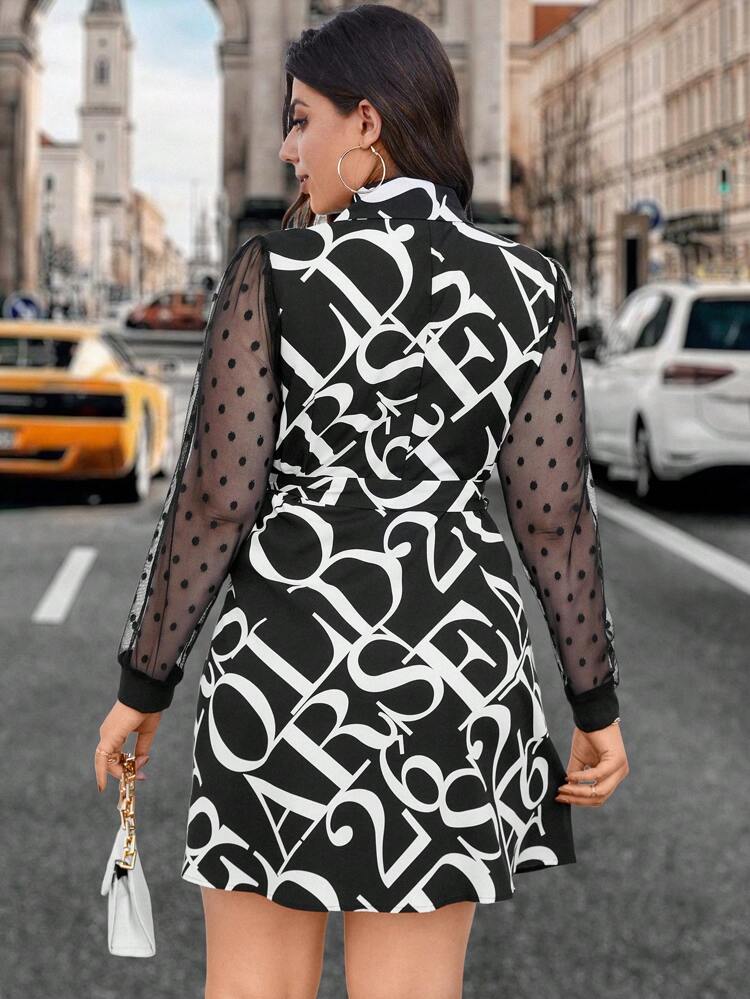 Plus Size Women's Full Print Letter Pattern Mesh Long Sleeve Dress