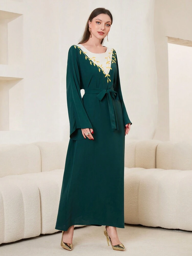 Botanical Embroidered Bell Sleeve Belt Dress