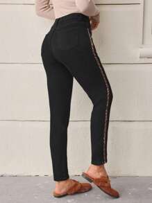 SHEIN LUNE Leopard Patchwork Side Striped Skinny Jeans - Black - View 2