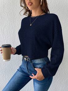 SHEIN Essnce Women's Solid Color Drop Shoulder Ribbed T-shirt - Navy Blue - View 5