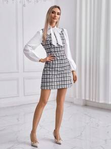 SHEIN Privé 女士方格紋領帶領口燈籠袖連衣裙,不含腰帶 - 黑與白 - 查看 5