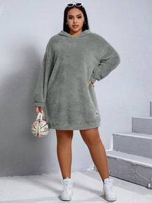SHEIN EZwear Plus Size Solid Sweatshirt With Drop Shoulder And Badge Detail - Dark Grey - View 3