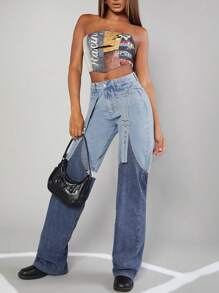 Modische Patchwork Jeans Mit Geradem Bein Für Damen - Mittele Waschung - Übersicht 1