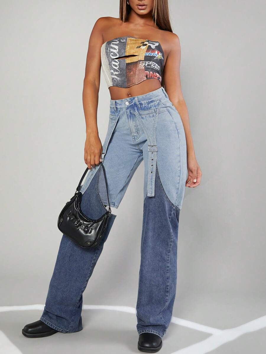 Modische Patchwork Jeans Mit Geradem Bein Für Damen - Mittele Waschung - Übersicht 1