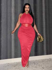 Slaydiva Plus Mesh Insert Ruched Split Thigh Halter Dress - Hot Pink - View 3